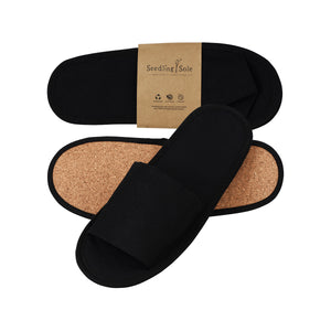 Seedling Sole Hotel Slippers, Open-Toe with Cork Sole in Wrapper, Black